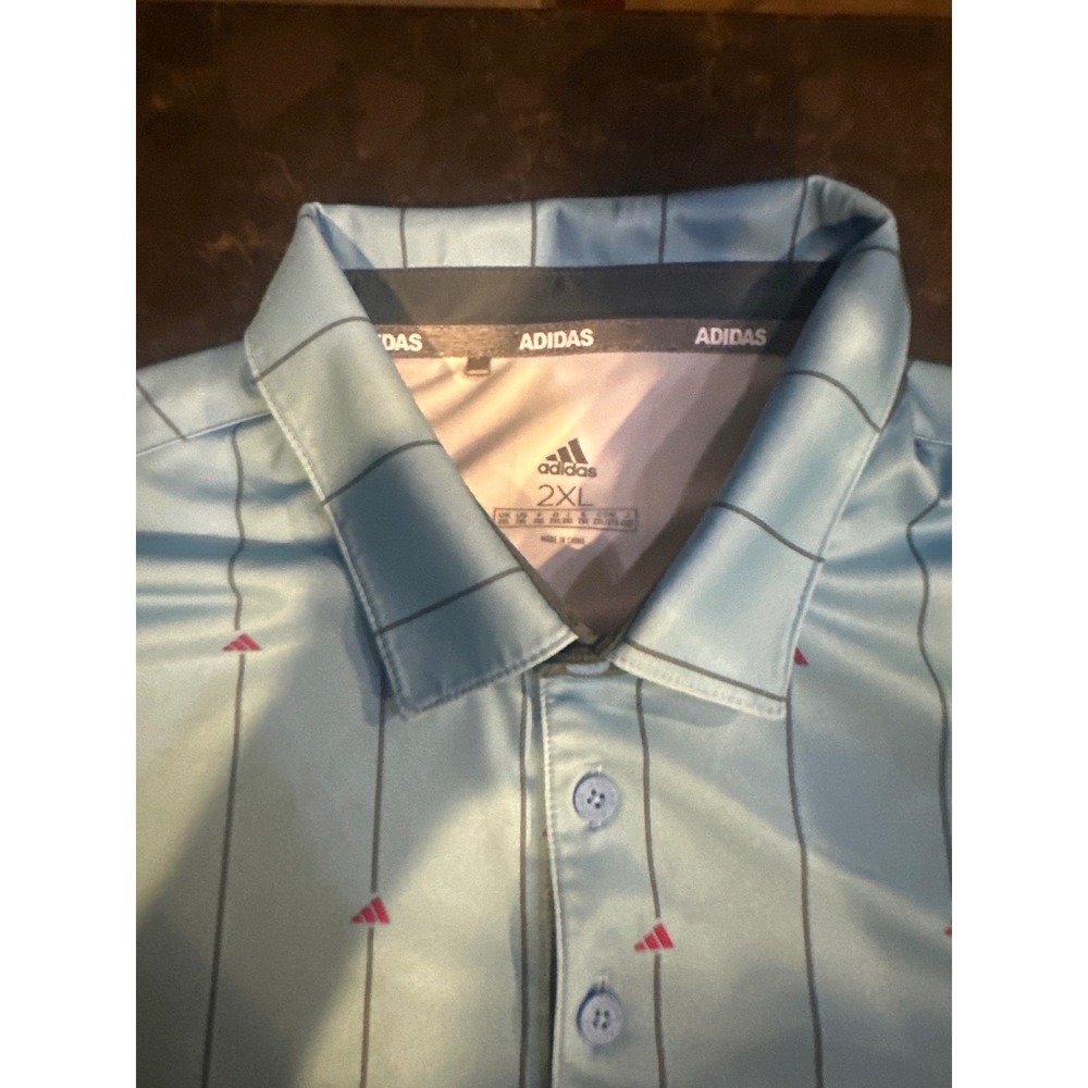 Adidas Mens 2XL Blue Pinstripe Golf Polo Shirt Pink Logo Short Sleeve Sport